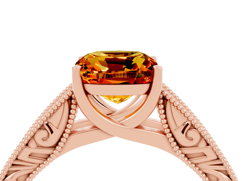 Rose gold Cushion Cut Citrine Solitaire Ring with Engraved Band and Four-Prong Setting_4