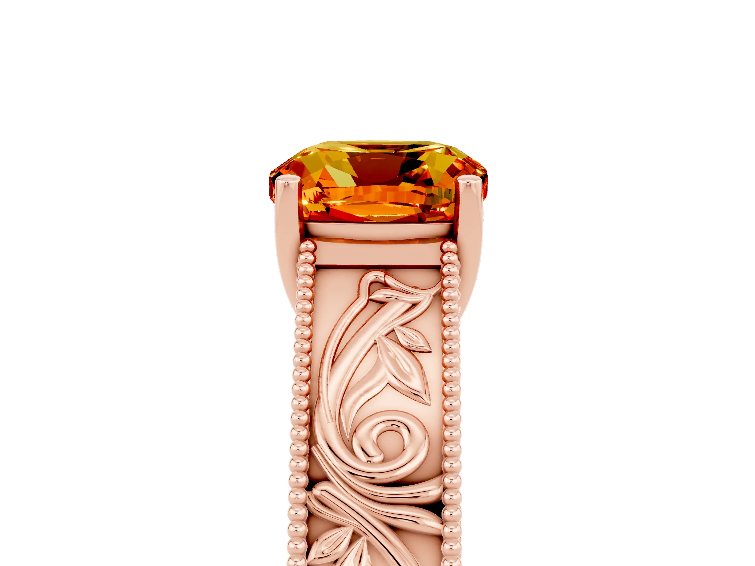 Rose gold Cushion Cut Citrine Solitaire Ring with Engraved Band and Four-Prong Setting_5
