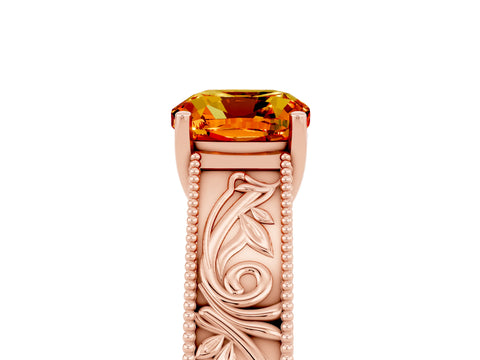 Rose gold Cushion Cut Citrine Solitaire Ring with Engraved Band and Four-Prong Setting_5