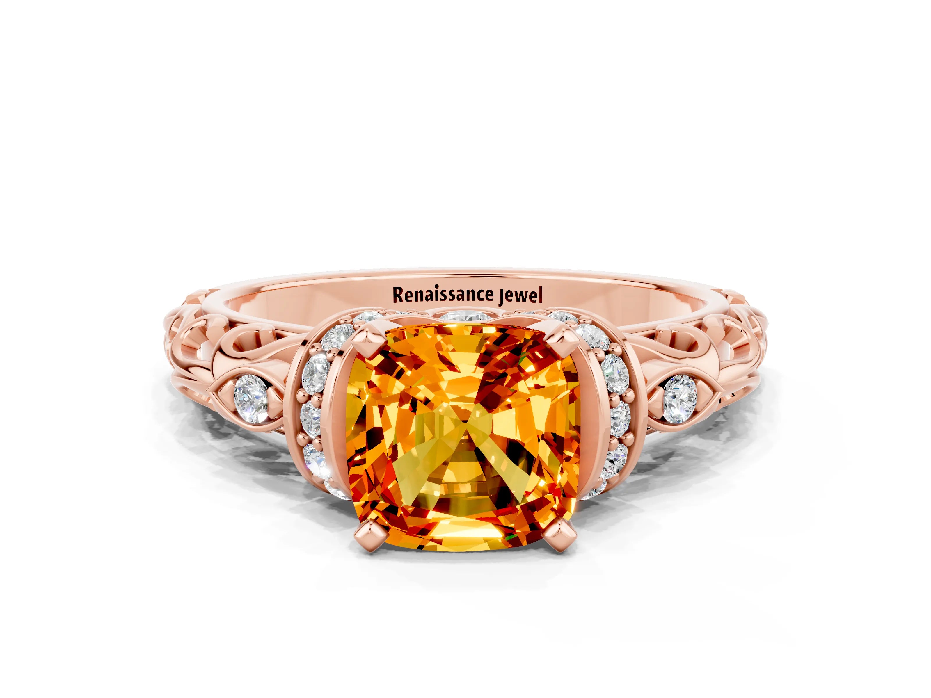 Rose gold Cushion Cut Citrine Solitaire Ring with Filigree Band and Four-Prong Setting_24