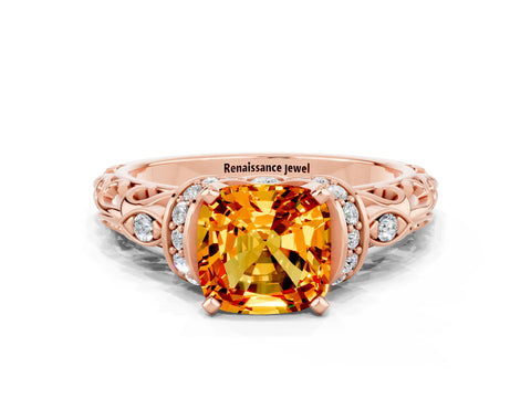 Rose gold Cushion Cut Citrine Solitaire Ring with Filigree Band and Four-Prong Setting_24