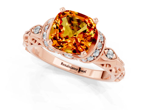 Rose gold Cushion Cut Citrine Solitaire Ring with Filigree Band and Four-Prong Setting_25