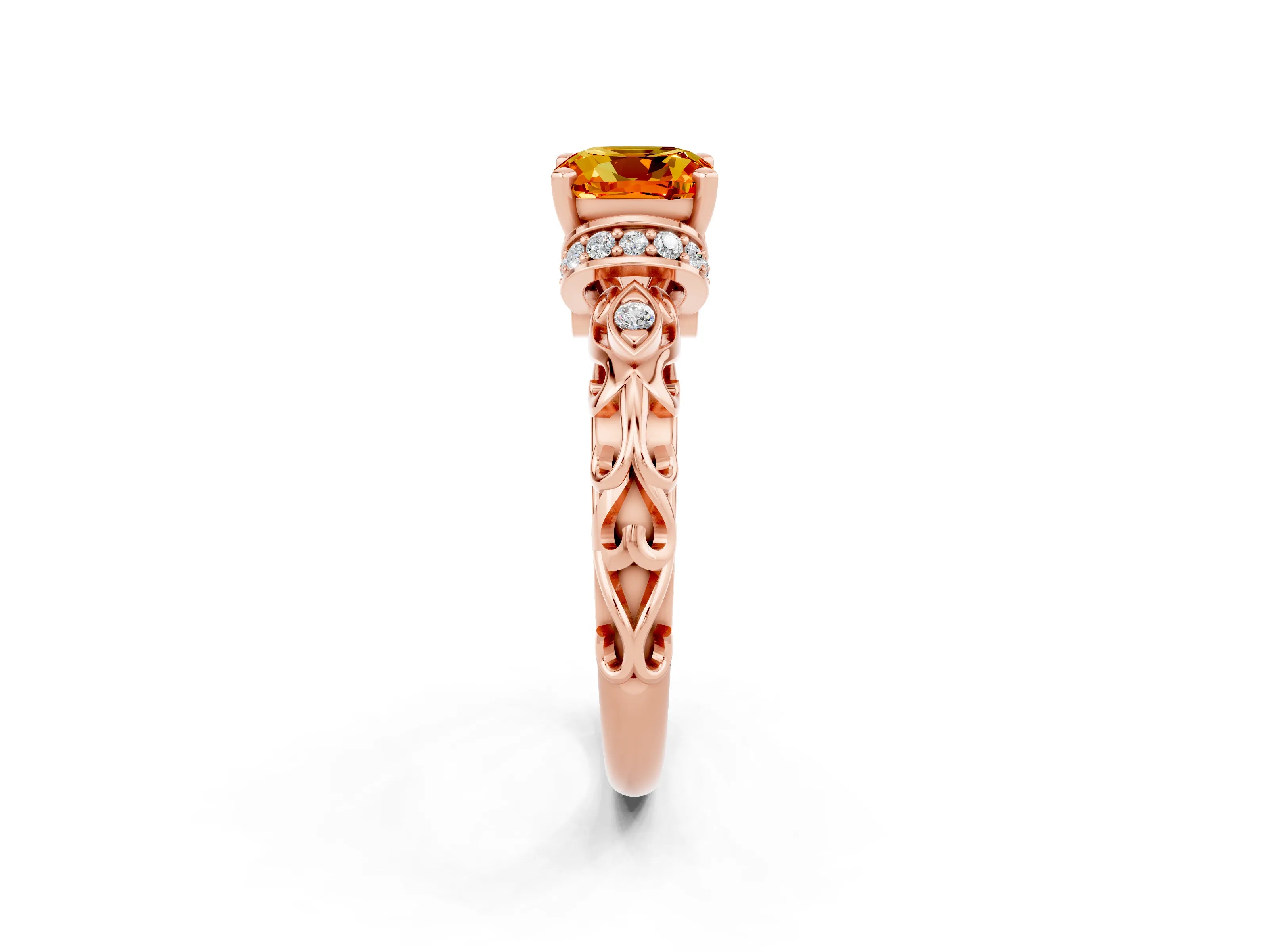 Rose gold Cushion Cut Citrine Solitaire Ring with Filigree Band and Four-Prong Setting_26