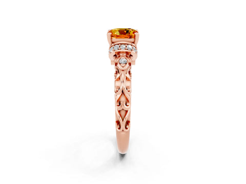 Rose gold Cushion Cut Citrine Solitaire Ring with Filigree Band and Four-Prong Setting_26