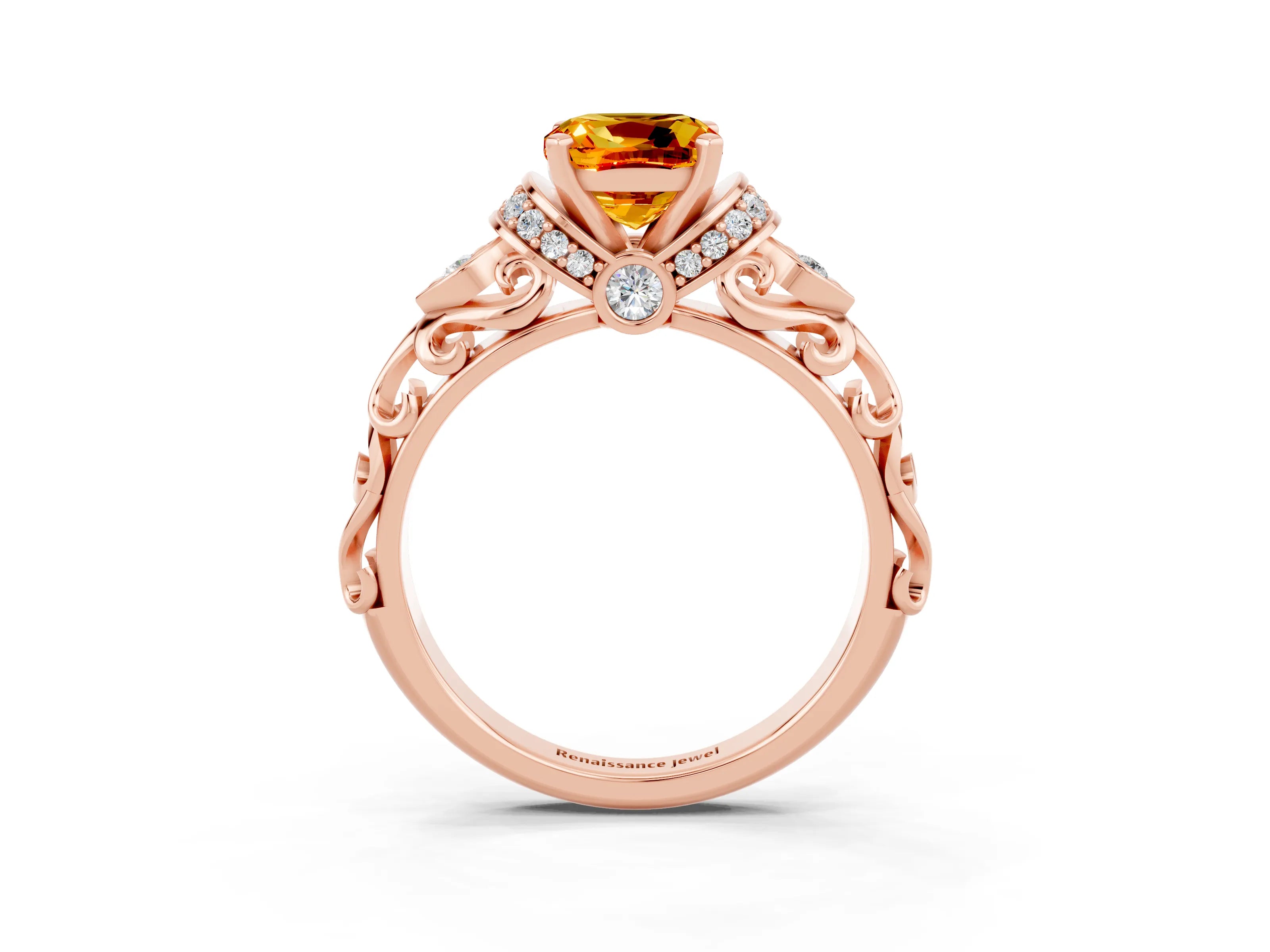 Rose gold Cushion Cut Citrine Solitaire Ring with Filigree Band and Four-Prong Setting_27