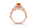 Rose gold Cushion Cut Citrine Solitaire Ring with Filigree Band and Four-Prong Setting_27