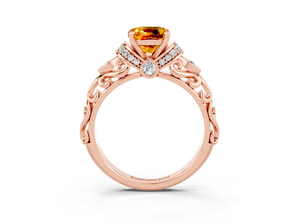 Rose gold Cushion Cut Citrine Solitaire Ring with Filigree Band and Four-Prong Setting