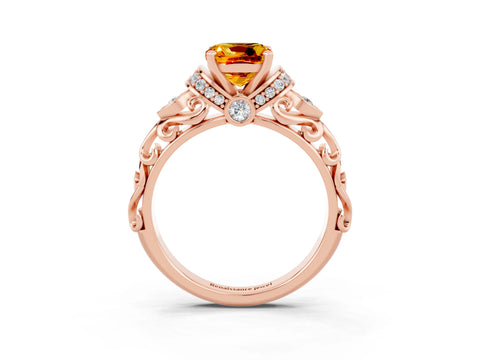 Rose gold Cushion Cut Citrine Solitaire Ring with Filigree Band and Four-Prong Setting_27