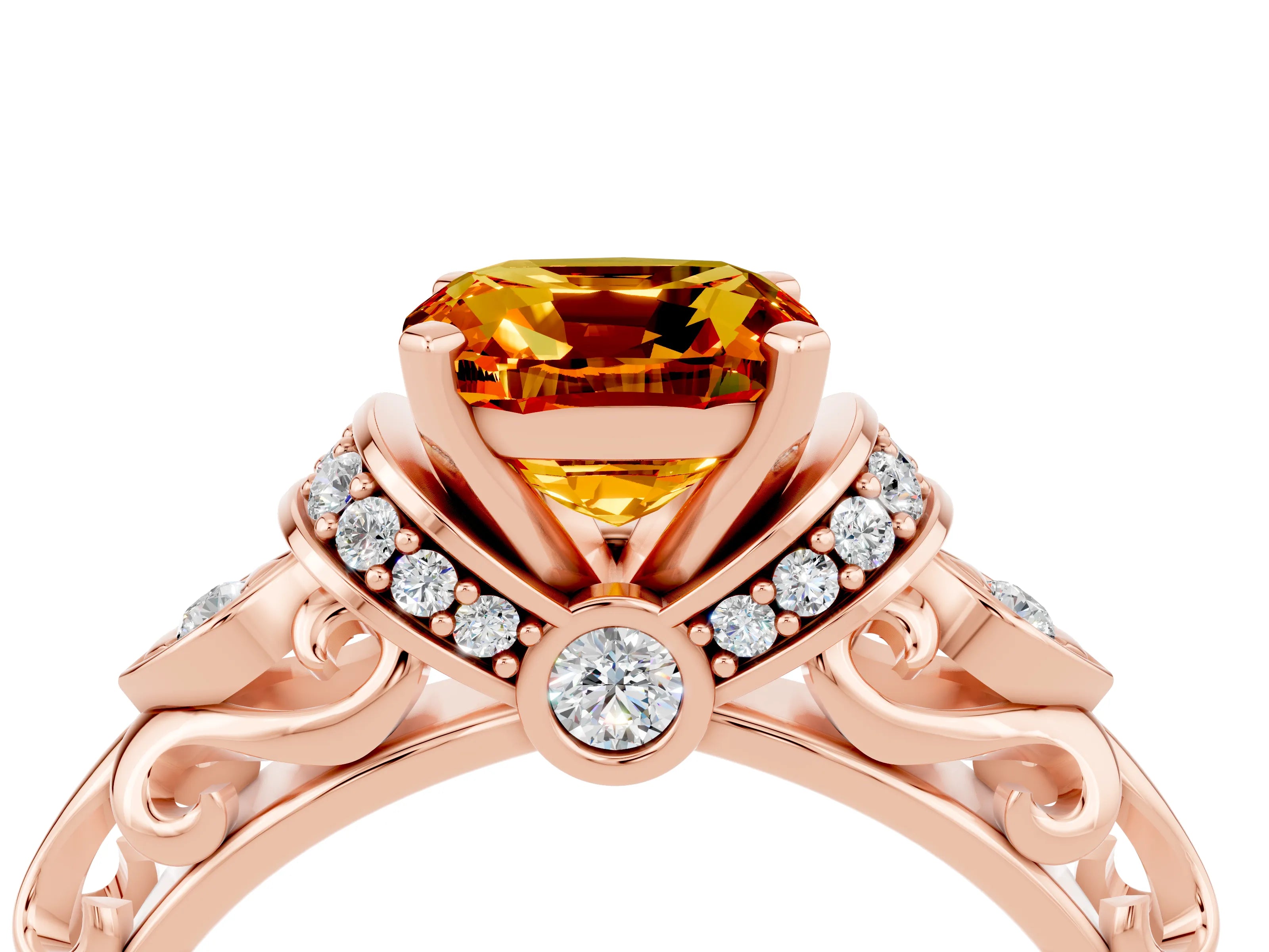 Rose gold Cushion Cut Citrine Solitaire Ring with Filigree Band and Four-Prong Setting_28