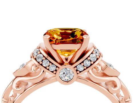 Rose gold Cushion Cut Citrine Solitaire Ring with Filigree Band and Four-Prong Setting_28