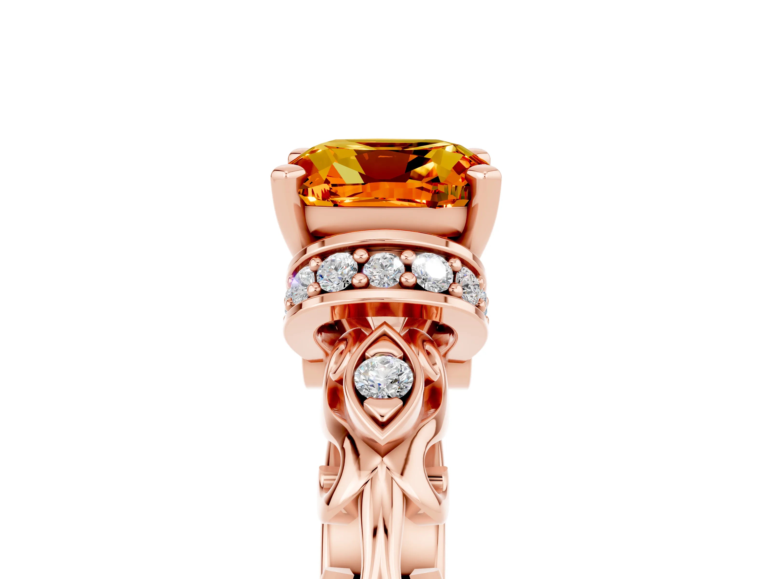 Rose gold Cushion Cut Citrine Solitaire Ring with Filigree Band and Four-Prong Setting_29