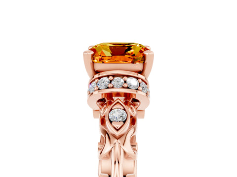 Rose gold Cushion Cut Citrine Solitaire Ring with Filigree Band and Four-Prong Setting_29