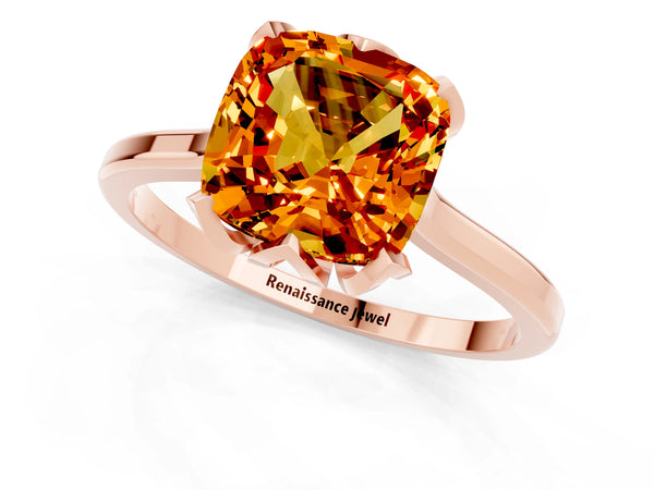 Rose gold Cushion Cut Citrine Solitaire Ring with Flower Prong Setting and Classic Band