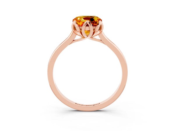 Rose gold Cushion Cut Citrine Solitaire Ring with Flower Prong Setting and Classic Band
