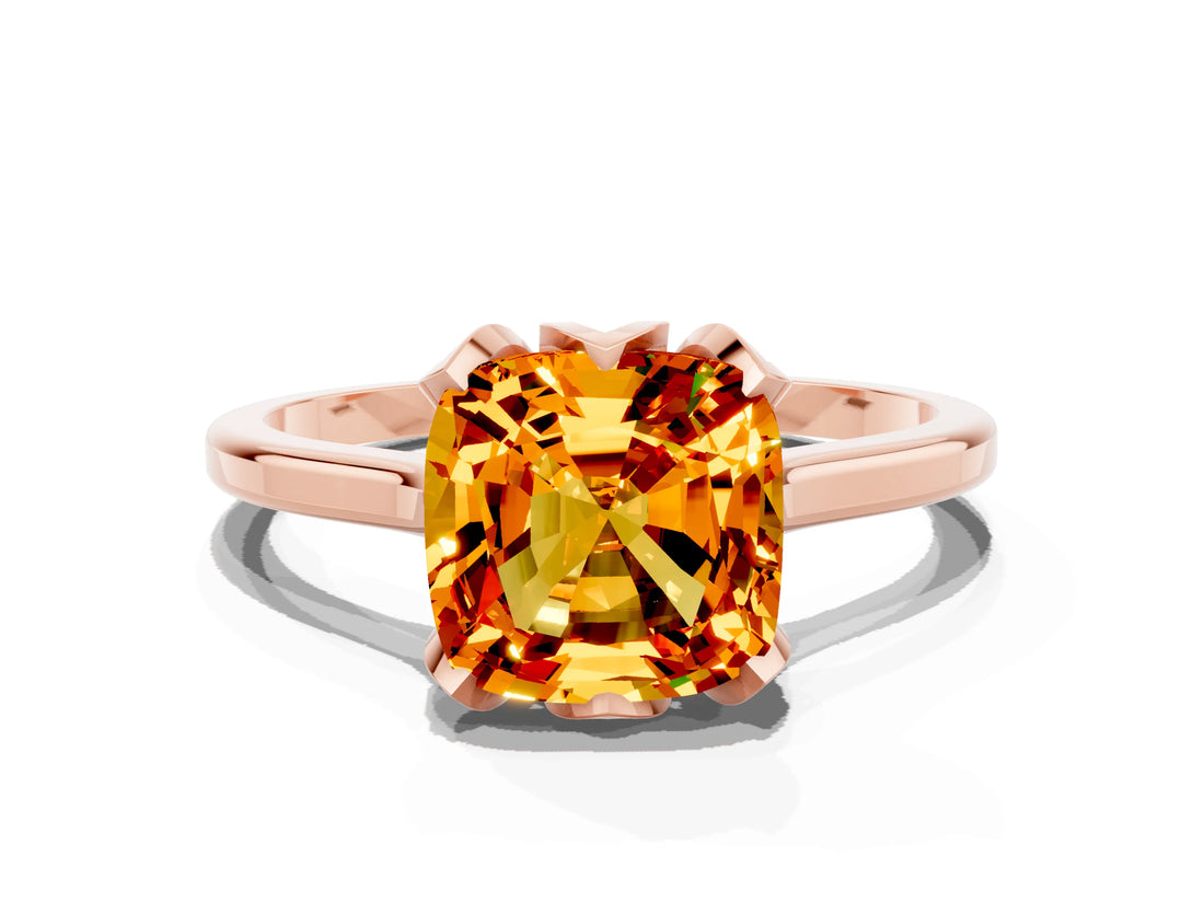 Rose gold Cushion Cut Citrine Solitaire Ring with Flower Prong Setting and Classic Band_36