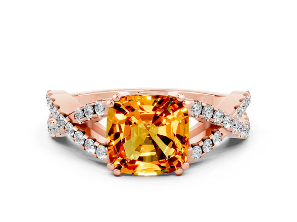 Rose gold Cushion Cut Citrine Solitaire Ring with Four-Prong Setting and Twisted Pavé Band