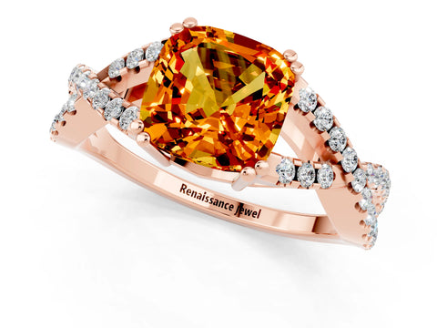 Rose gold Cushion Cut Citrine Solitaire Ring with Four-Prong Setting and Twisted Pavé Band_1