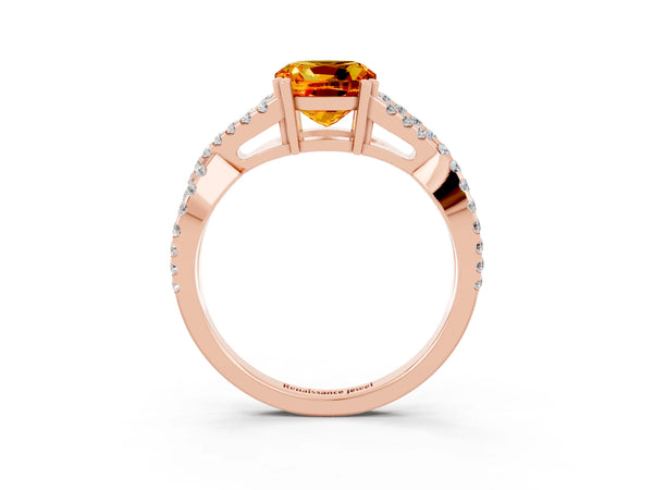 Rose gold Cushion Cut Citrine Solitaire Ring with Four-Prong Setting and Twisted Pavé Band