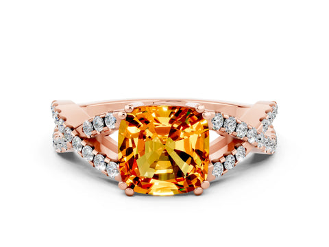 Rose gold Cushion Cut Citrine Solitaire Ring with Four-Prong Setting and Twisted Pavé Band