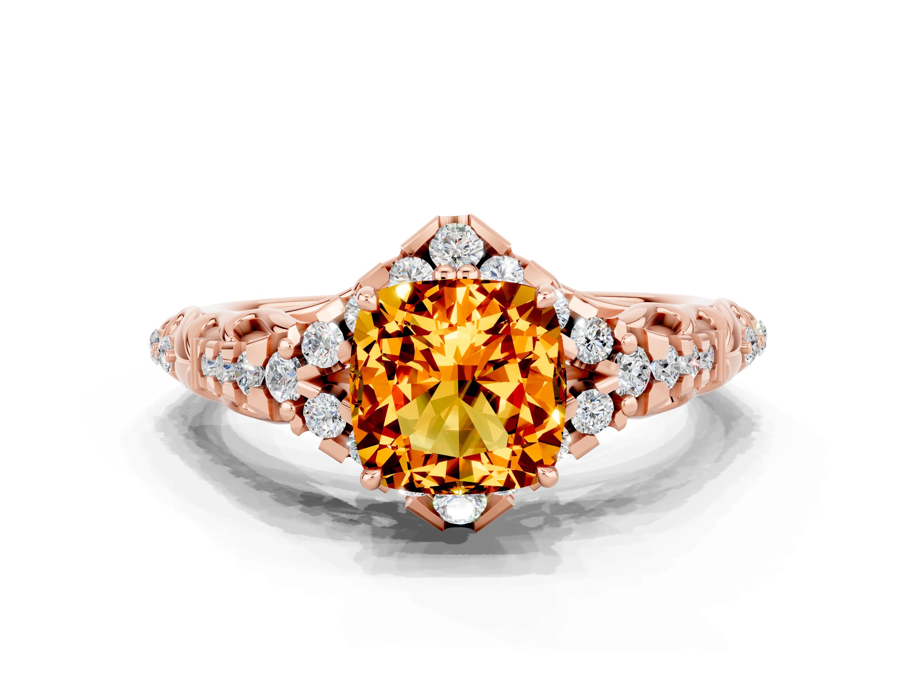 Rose gold Cushion Cut Citrine Solitaire Ring with Hidden Halo and Pavé Band_12
