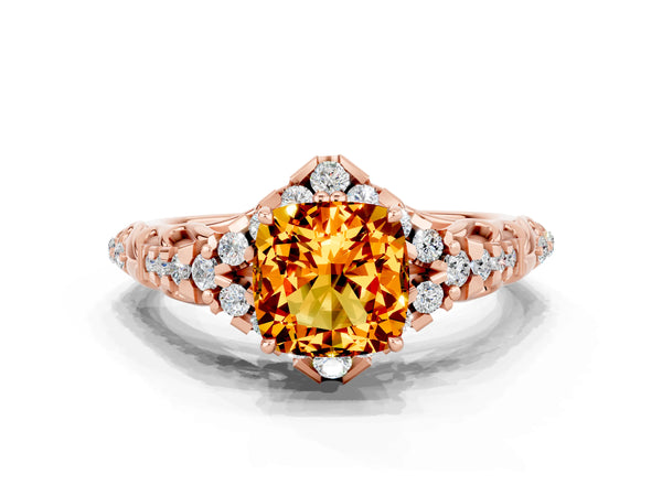 Rose gold Cushion Cut Citrine Solitaire Ring with Hidden Halo and Pavé Band