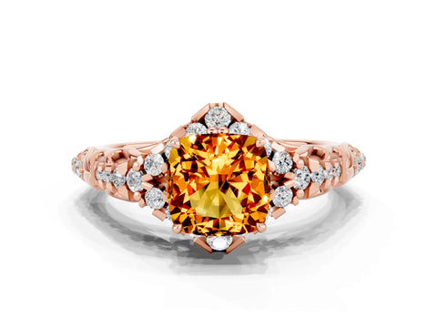 Rose gold Cushion Cut Citrine Solitaire Ring with Hidden Halo and Pavé Band_12