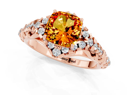 Rose gold Cushion Cut Citrine Solitaire Ring with Hidden Halo and Pavé Band_13