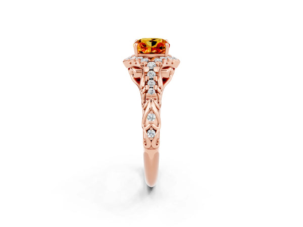Rose gold Cushion Cut Citrine Solitaire Ring with Hidden Halo and Pavé Band