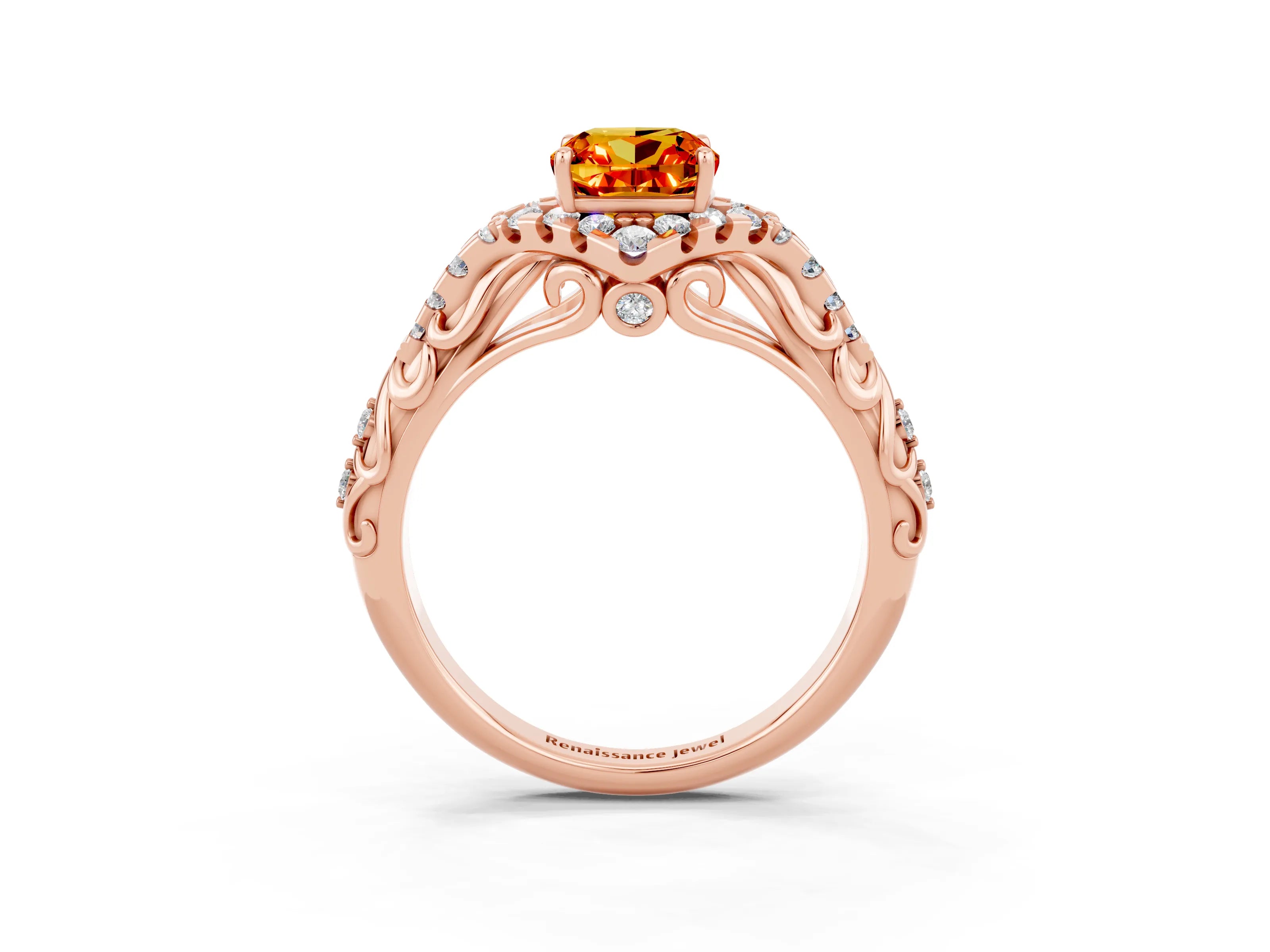 Rose gold Cushion Cut Citrine Solitaire Ring with Hidden Halo and Pavé Band_15