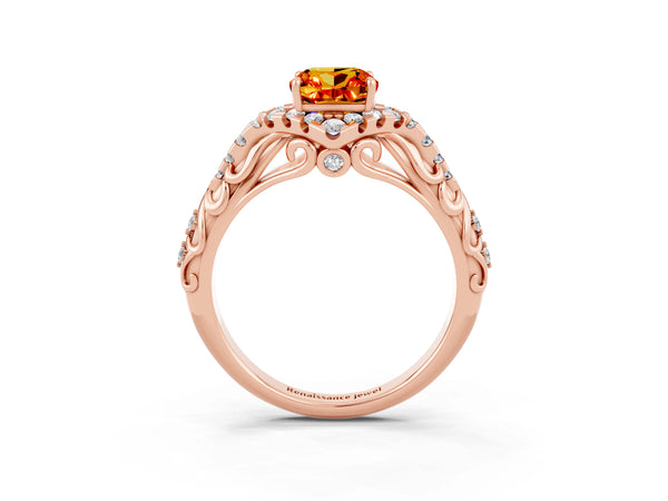 Rose gold Cushion Cut Citrine Solitaire Ring with Hidden Halo and Pavé Band