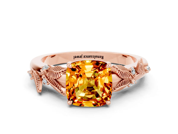 Rose gold Cushion Cut Citrine Solitaire Ring with Leaf Motif Band and Four-Prong Setting