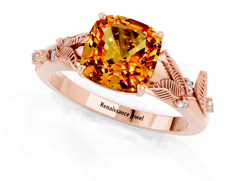 Rose gold Cushion Cut Citrine Solitaire Ring with Leaf Motif Band and Four-Prong Setting_1