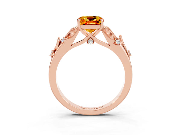 Rose gold Cushion Cut Citrine Solitaire Ring with Leaf Motif Band and Four-Prong Setting