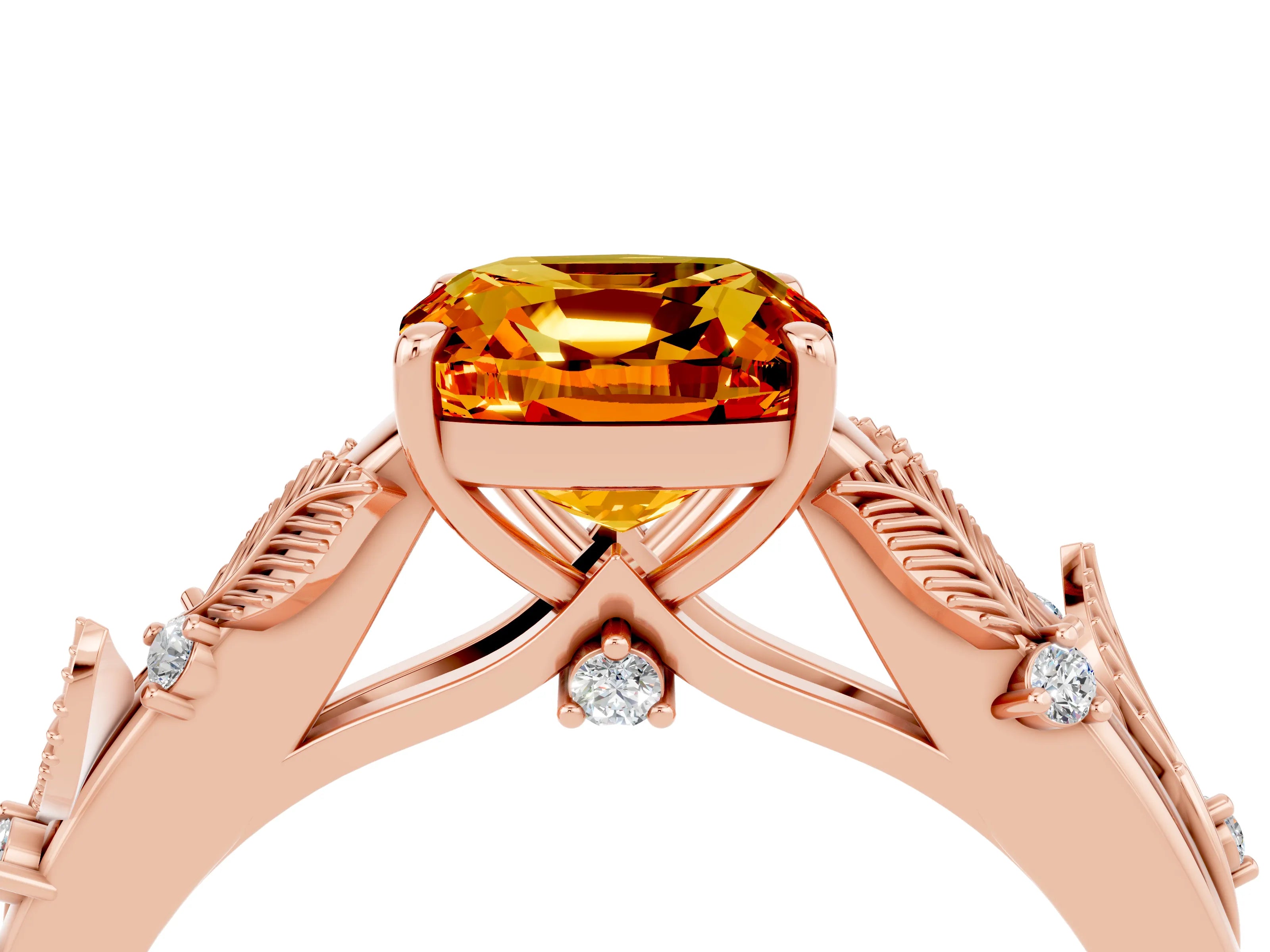 Rose gold Cushion Cut Citrine Solitaire Ring with Leaf Motif Band and Four-Prong Setting_4