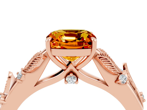 Rose gold Cushion Cut Citrine Solitaire Ring with Leaf Motif Band and Four-Prong Setting_4