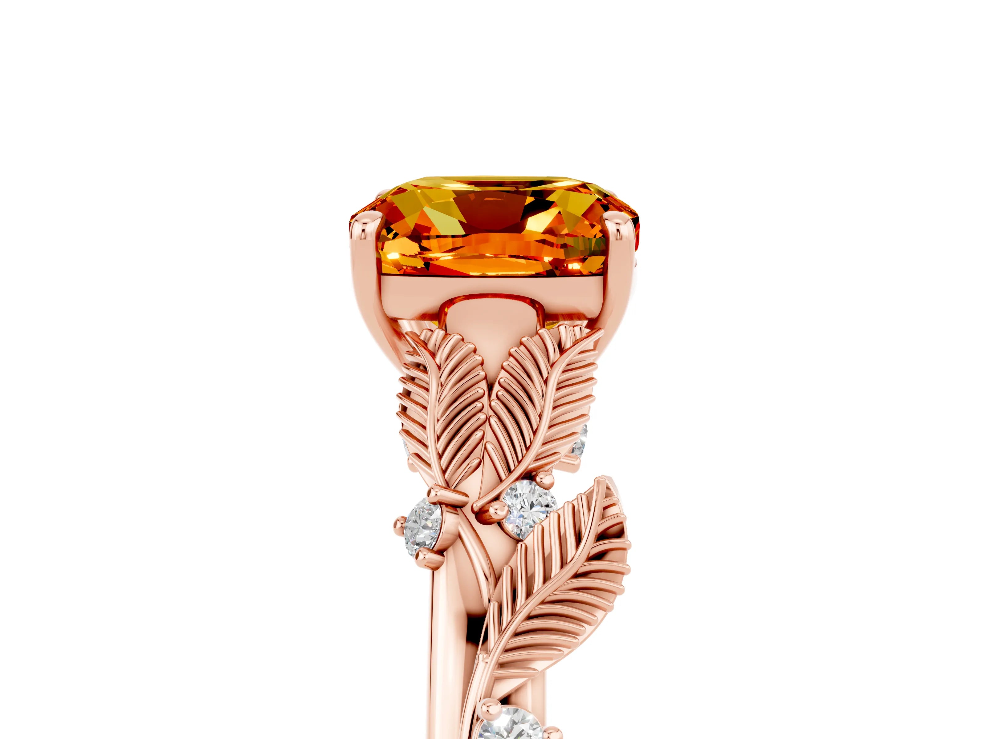 Rose gold Cushion Cut Citrine Solitaire Ring with Leaf Motif Band and Four-Prong Setting_5