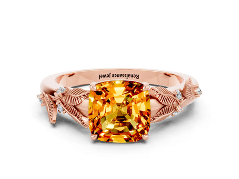 Rose gold Cushion Cut Citrine Solitaire Ring with Leaf Motif Band and Four-Prong Setting