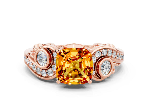Rose gold Cushion Cut Citrine Solitaire Ring with Milgrain Pavé Band and Four-Prong Setting