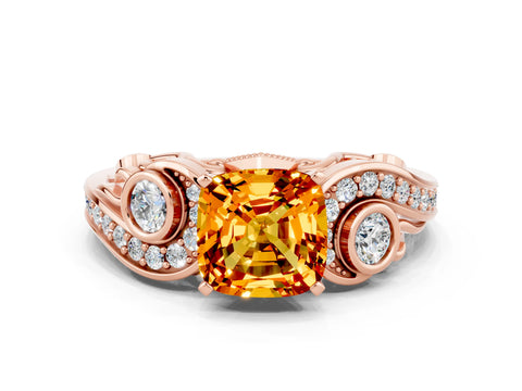 Rose gold Cushion Cut Citrine Solitaire Ring with Milgrain Pavé Band and Four-Prong Setting_24