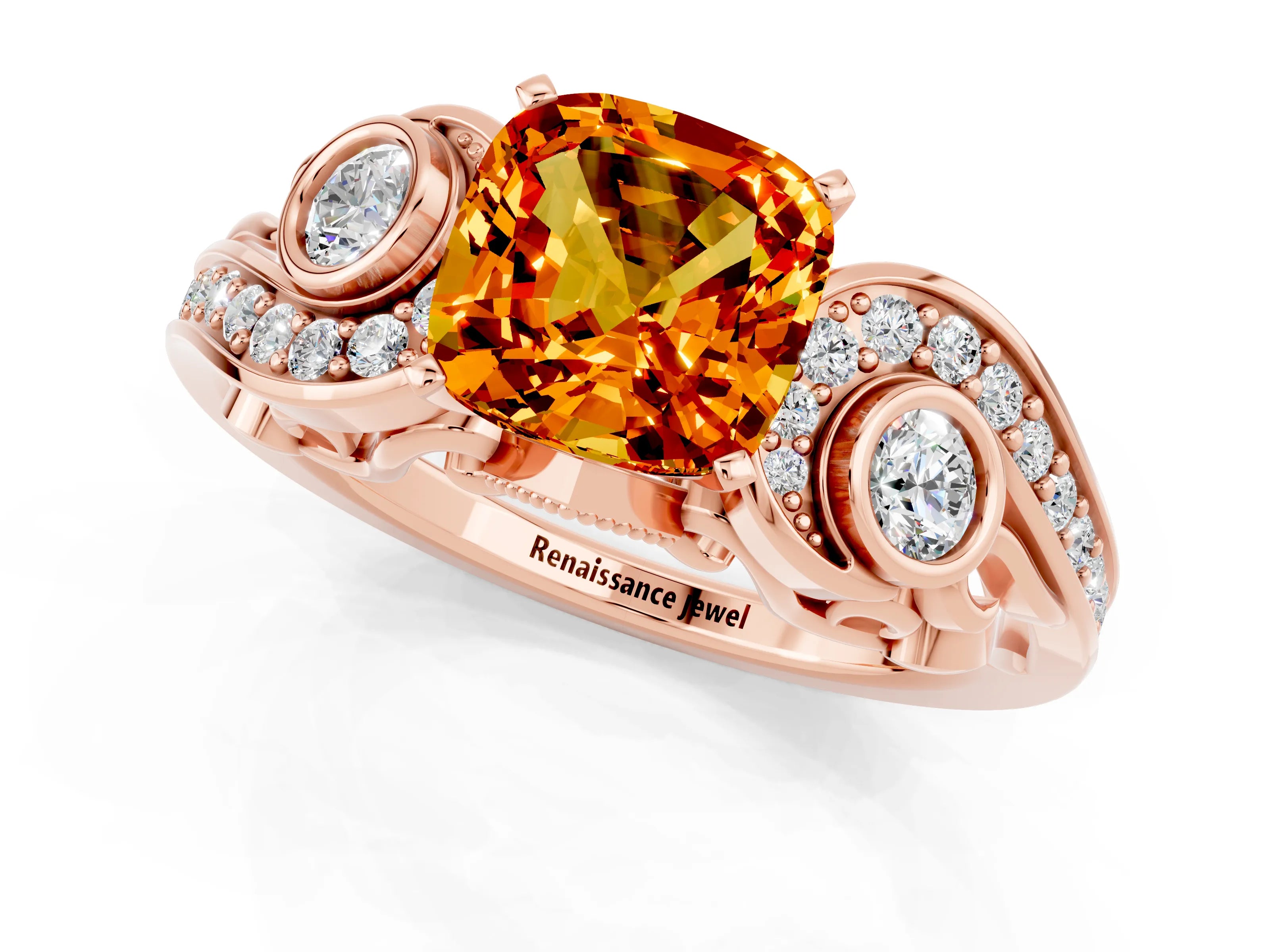 Rose gold Cushion Cut Citrine Solitaire Ring with Milgrain Pavé Band and Four-Prong Setting_25