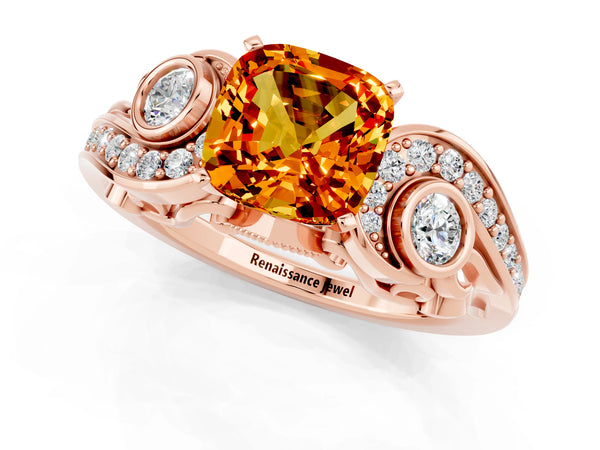 Rose gold Cushion Cut Citrine Solitaire Ring with Milgrain Pavé Band and Four-Prong Setting