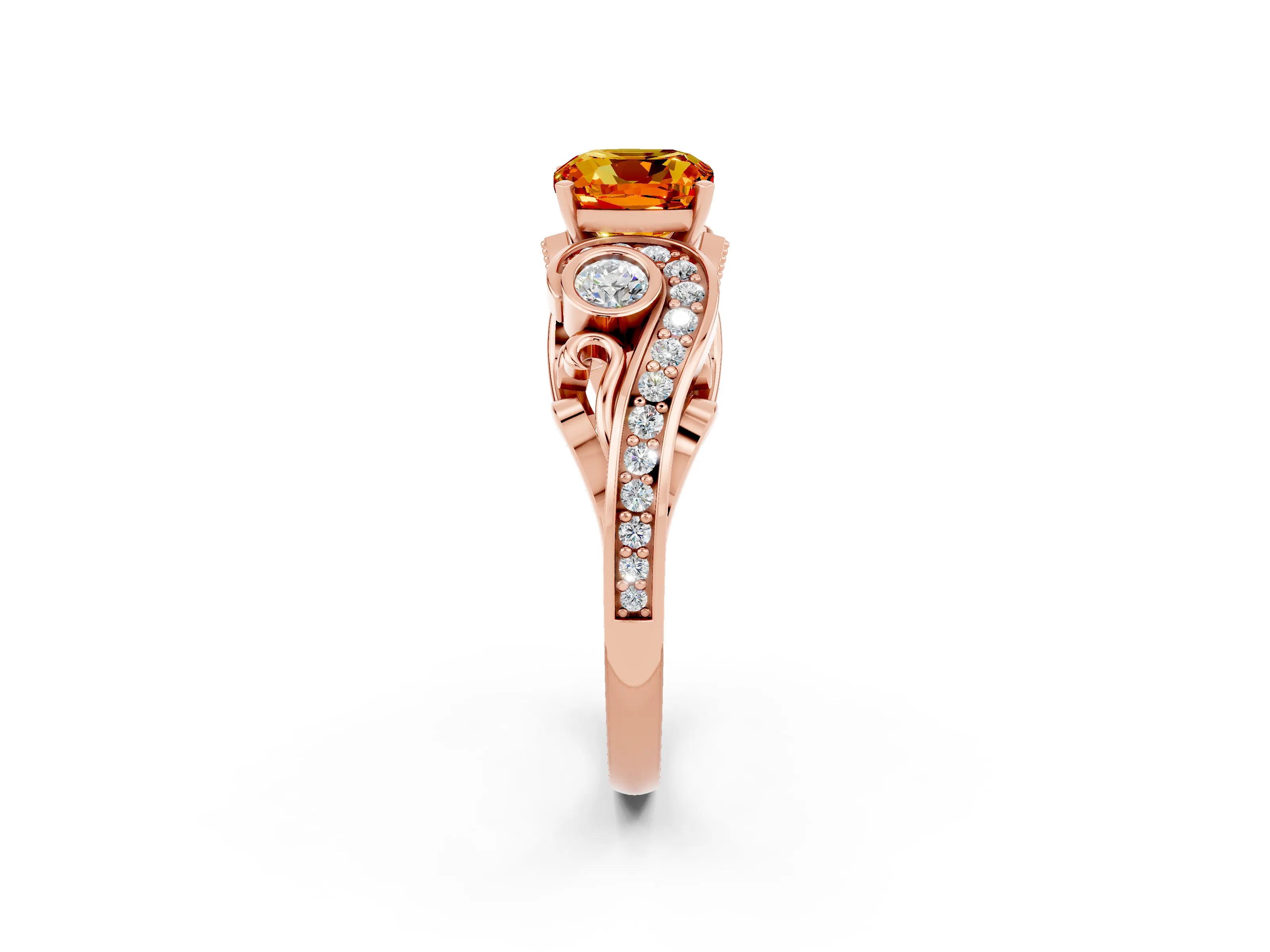 Rose gold Cushion Cut Citrine Solitaire Ring with Milgrain Pavé Band and Four-Prong Setting_26