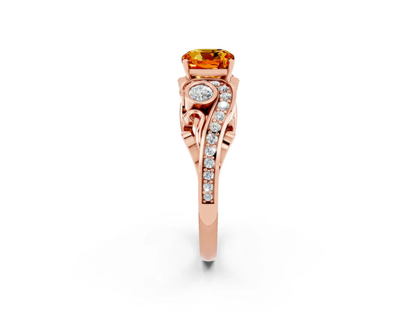Rose gold Cushion Cut Citrine Solitaire Ring with Milgrain Pavé Band and Four-Prong Setting