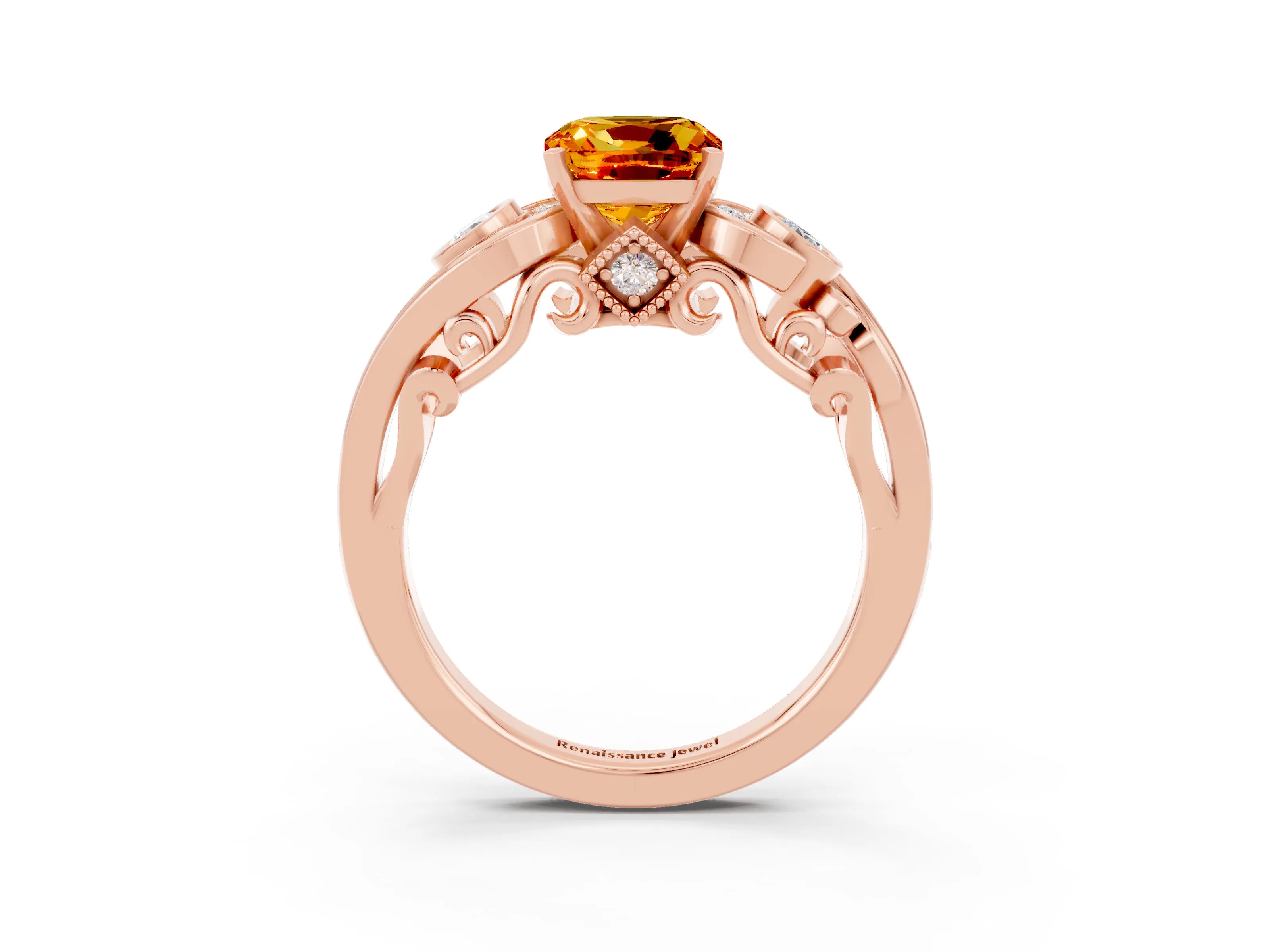 Rose gold Cushion Cut Citrine Solitaire Ring with Milgrain Pavé Band and Four-Prong Setting_27