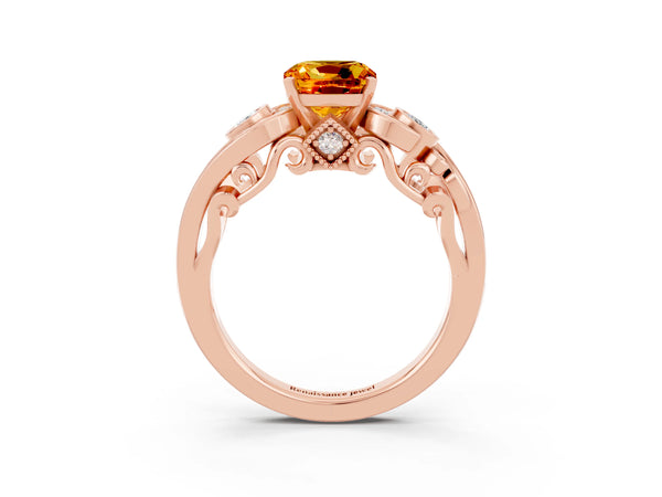 Rose gold Cushion Cut Citrine Solitaire Ring with Milgrain Pavé Band and Four-Prong Setting
