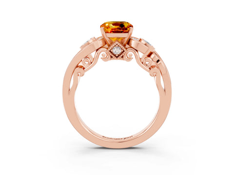 Rose gold Cushion Cut Citrine Solitaire Ring with Milgrain Pavé Band and Four-Prong Setting_27