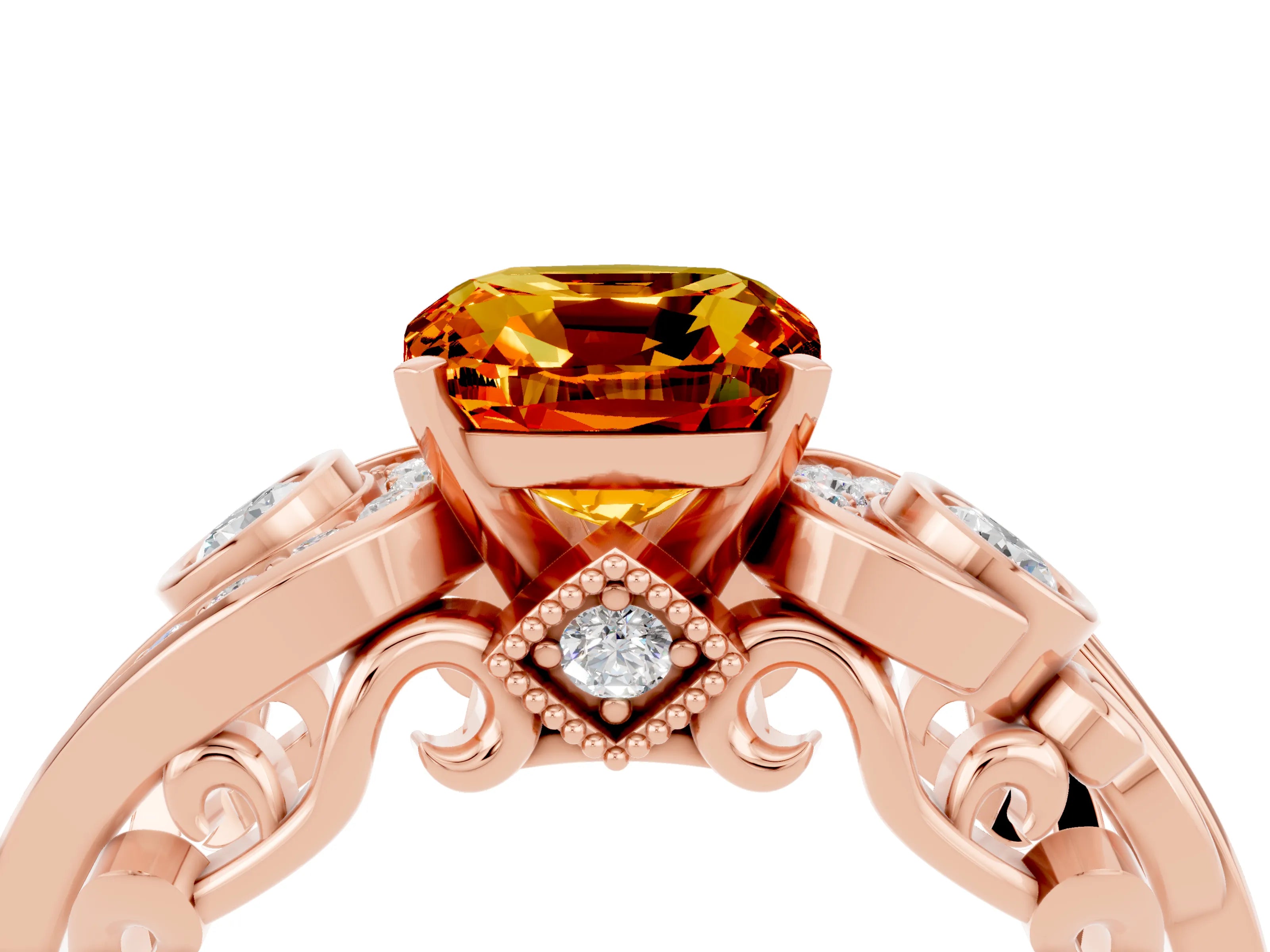 Rose gold Cushion Cut Citrine Solitaire Ring with Milgrain Pavé Band and Four-Prong Setting_28