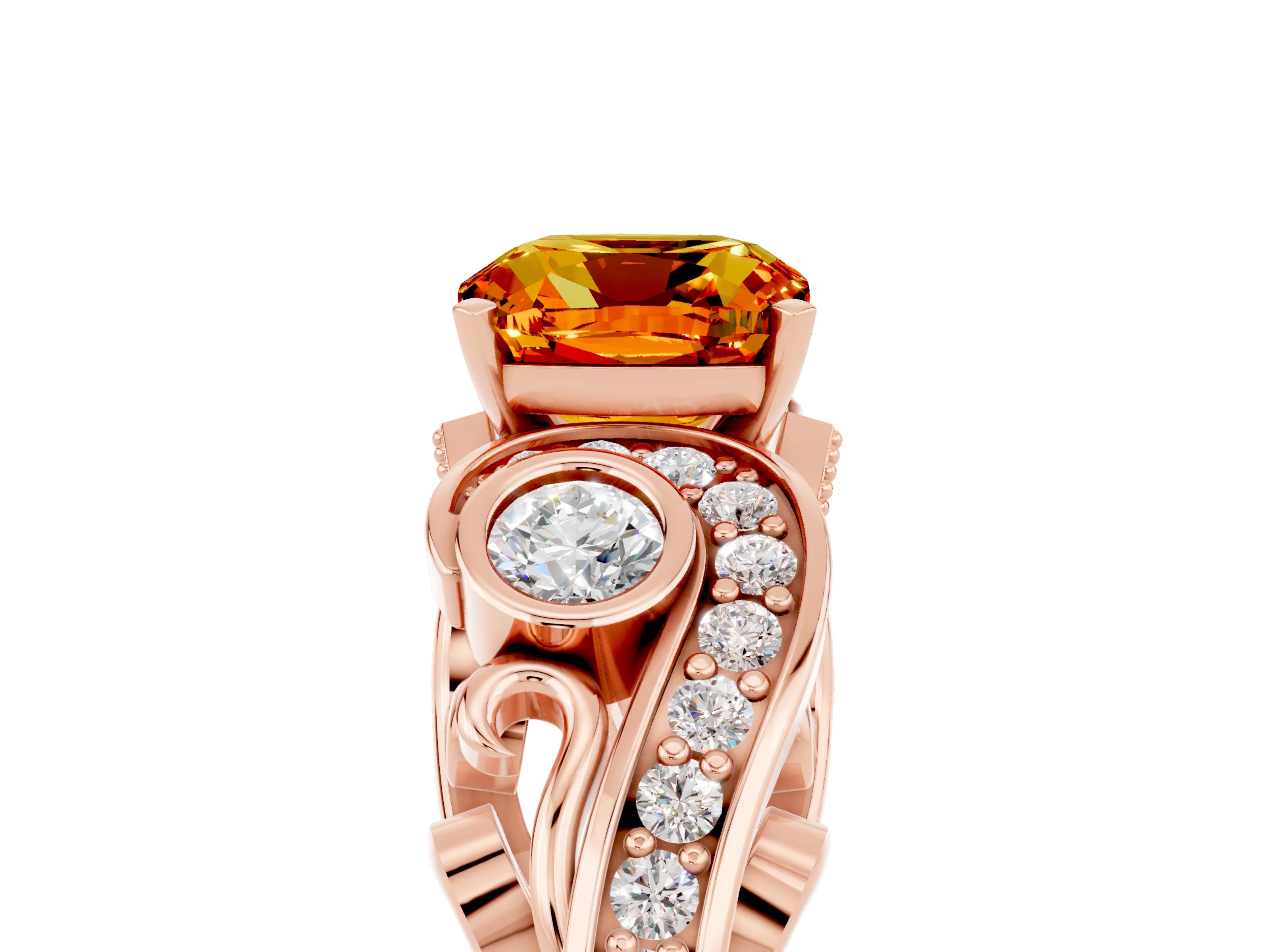 Rose gold Cushion Cut Citrine Solitaire Ring with Milgrain Pavé Band and Four-Prong Setting_29