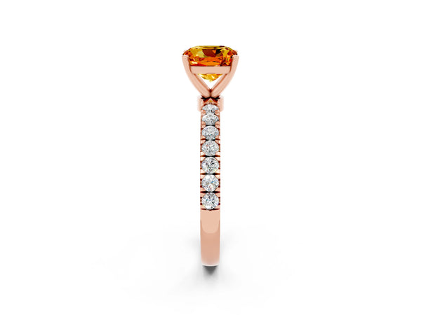 Rose gold Cushion Cut Citrine Solitaire Ring with Pavé Accents and Four-Prong Setting