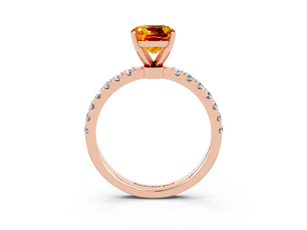 Rose gold Cushion Cut Citrine Solitaire Ring with Pavé Accents and Four-Prong Setting